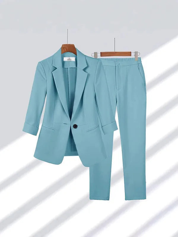 2025& 2026 Women's New V-neck Big Collar Solid Color One Button Professional Set Casual Nine Sleeve Suit Set Women's Wear