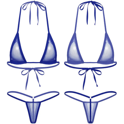 Women's Two-Piece Swimsuits Bikini Sets Sexy Mesh Sheer Halter neck Micro Bikini Outfits Bra Top with G-String Swimwear Female