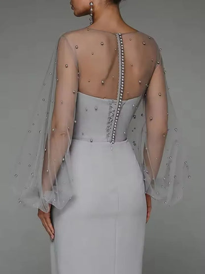 Women O-Neck Solid Loose Floor Length Dress Tulle Pearl Top Long Sleeves Evening Dresses