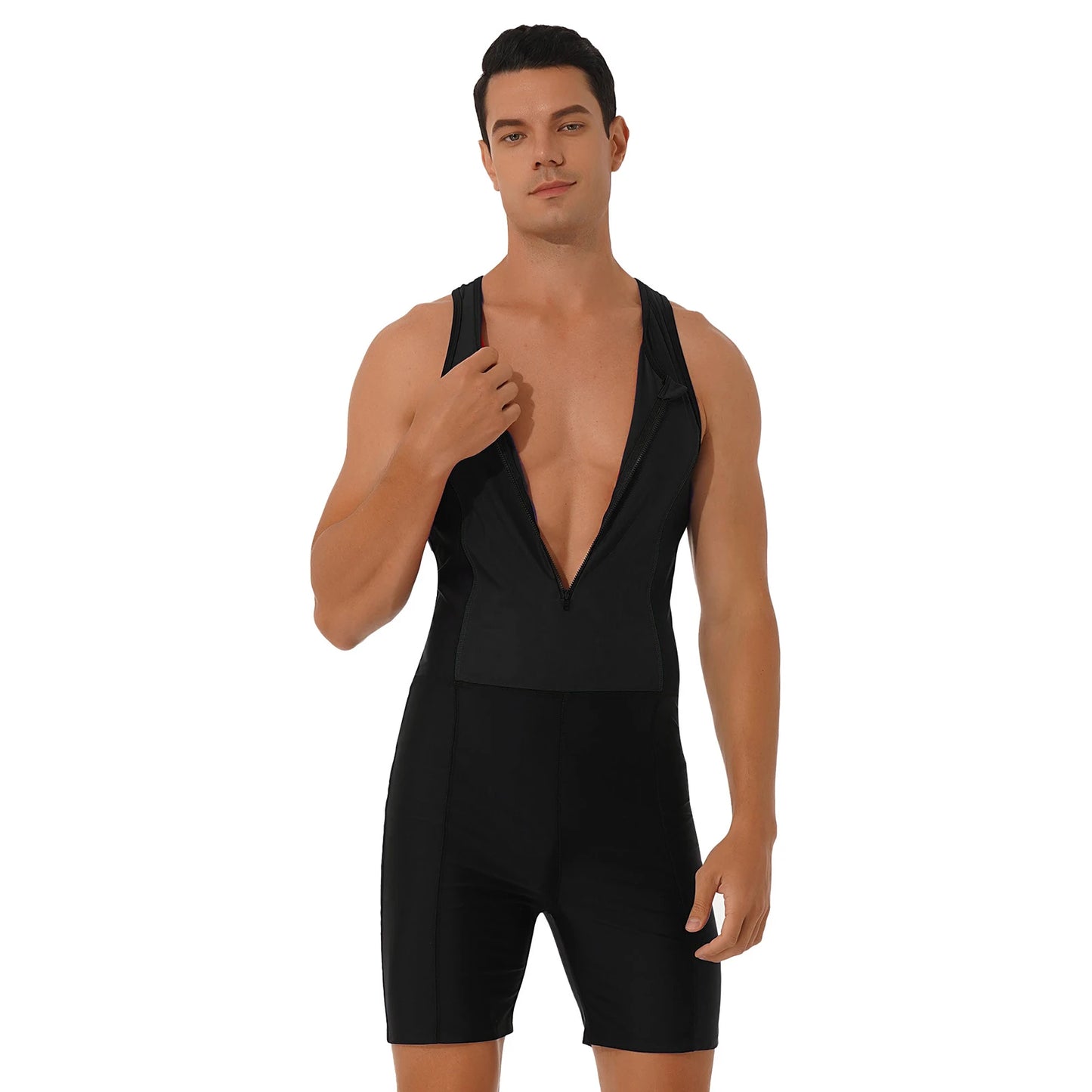 Men Bodysuit Swimsuit Sleeveless Racerback Zipper Jumpsuit Swimwear Bathing Suit Surfing Clothing Rashguard Beachwear Wetsuit