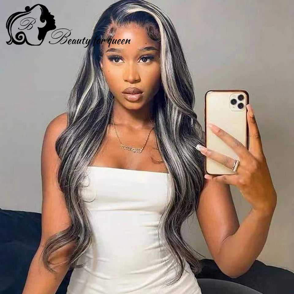 Colored Highlight White Black Body Wave Transparent 13x4 HD Lace Frontal Wigs For Women Brazilian Human Hair Wig 180 Density