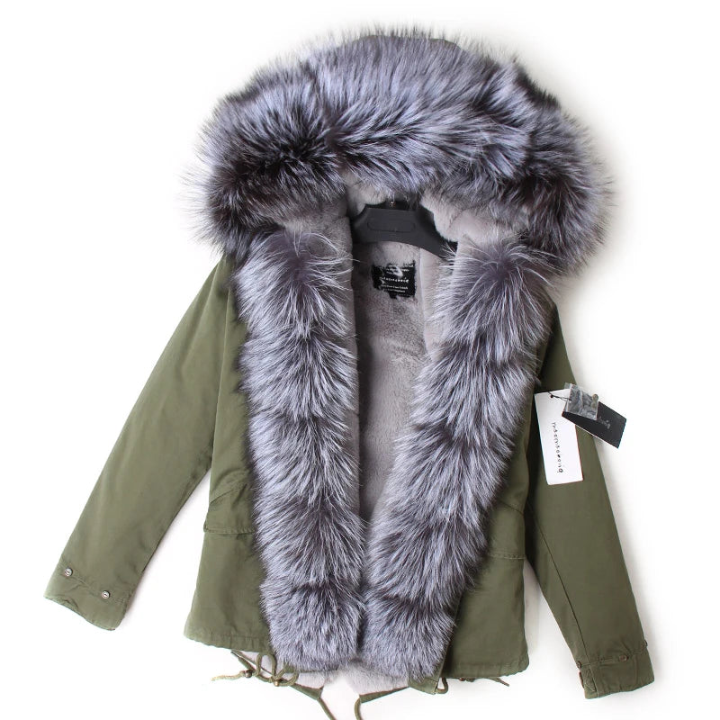 MAOMAOKONG 2025 & 2026 Real Fur Coat New Fashion Fox Fur Collar Winter Women's clothing Removable Lining Thickened Jacket Short Parka
