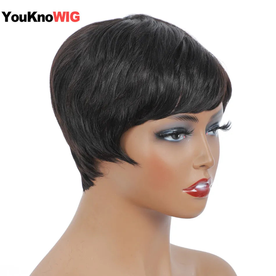 Short Pixie Cut Wig Human Hair For Women Machine Made Wigs With Bangs Brazilian Human Hair Wigs Cheap Pixie Cut WigsOn Sale