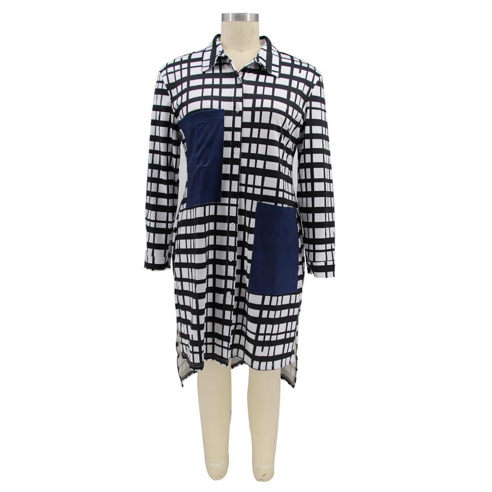 New Plus Size Dresses Women 2022 Wholesale Buttons Casual Long Sleeve Loose Office Lady Plaid Shirt Midi Dresses Dropshipping