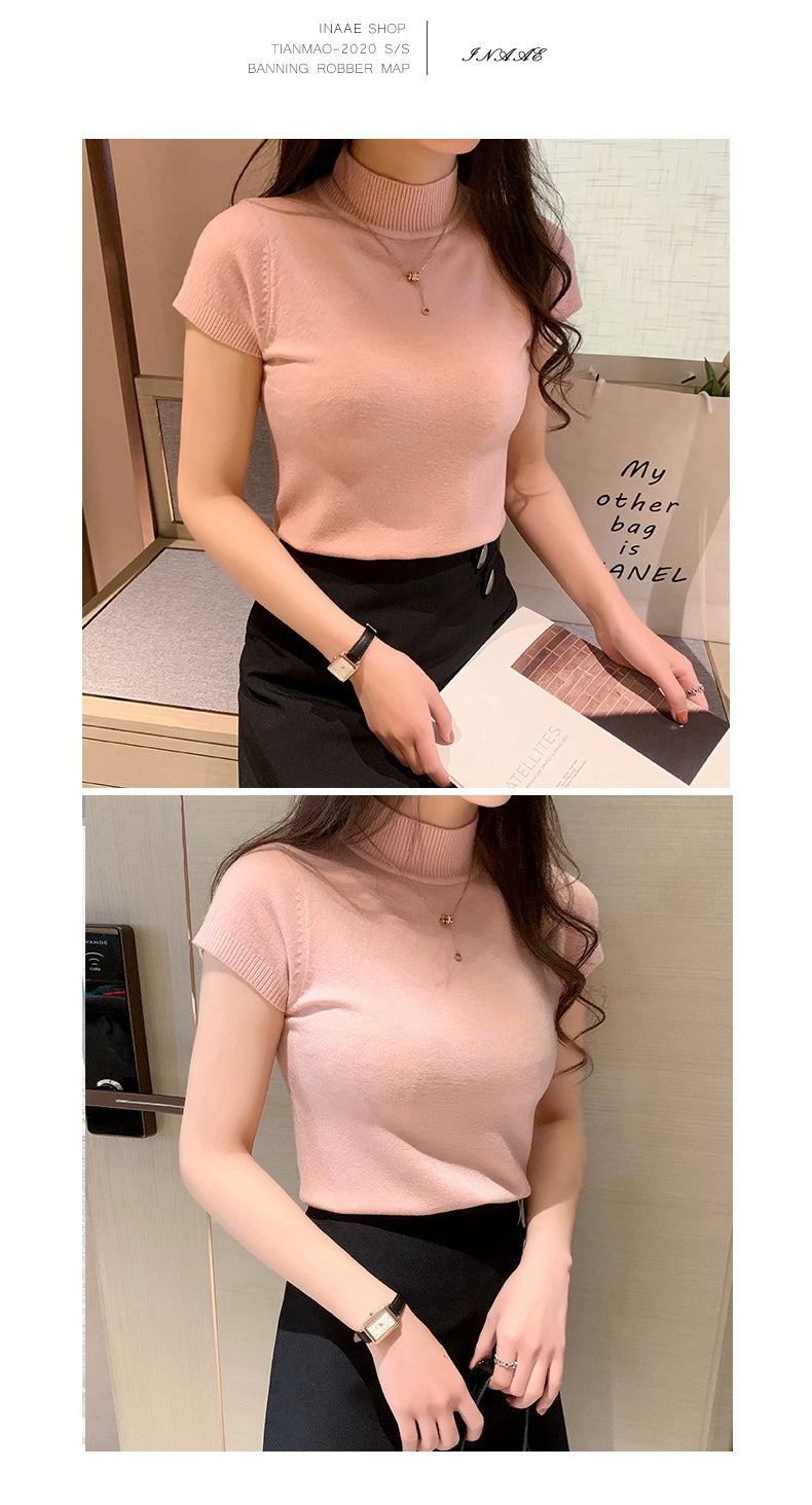Half Turtleneck Summer Knitting Solid Color Suit Spring and Autumn Short Sleeve