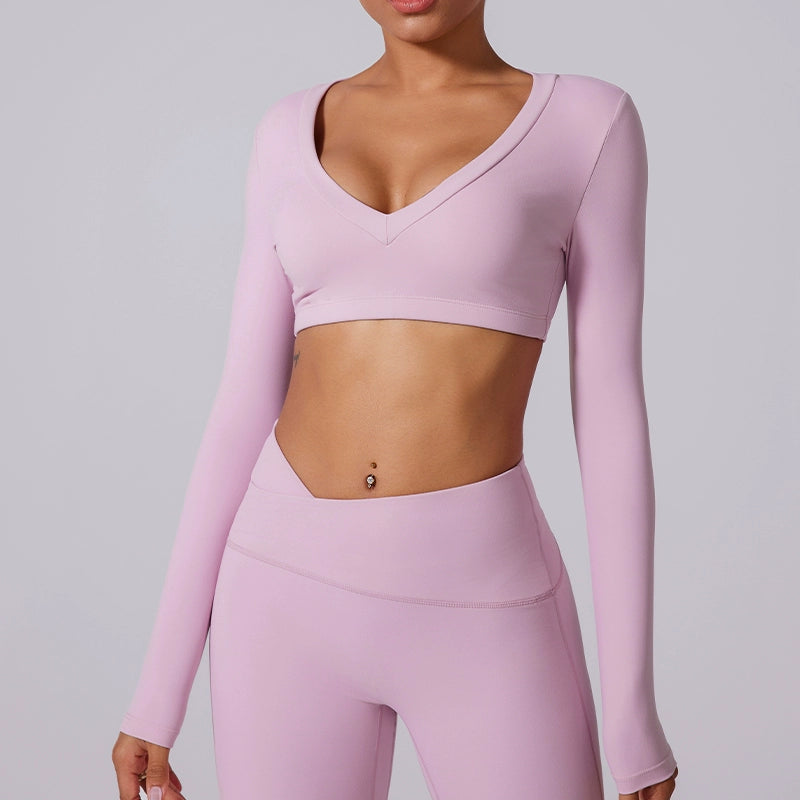 Beauty Back Workout Clothes Women's Long Sleeve Short Sexy V Neck 2026 New Arrival Fancy Yoga Clothing Top T-shirt with Chest Pad