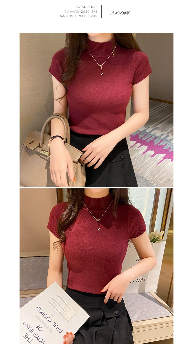 Half Turtleneck Summer Knitting Solid Color Suit Spring and Autumn Short Sleeve