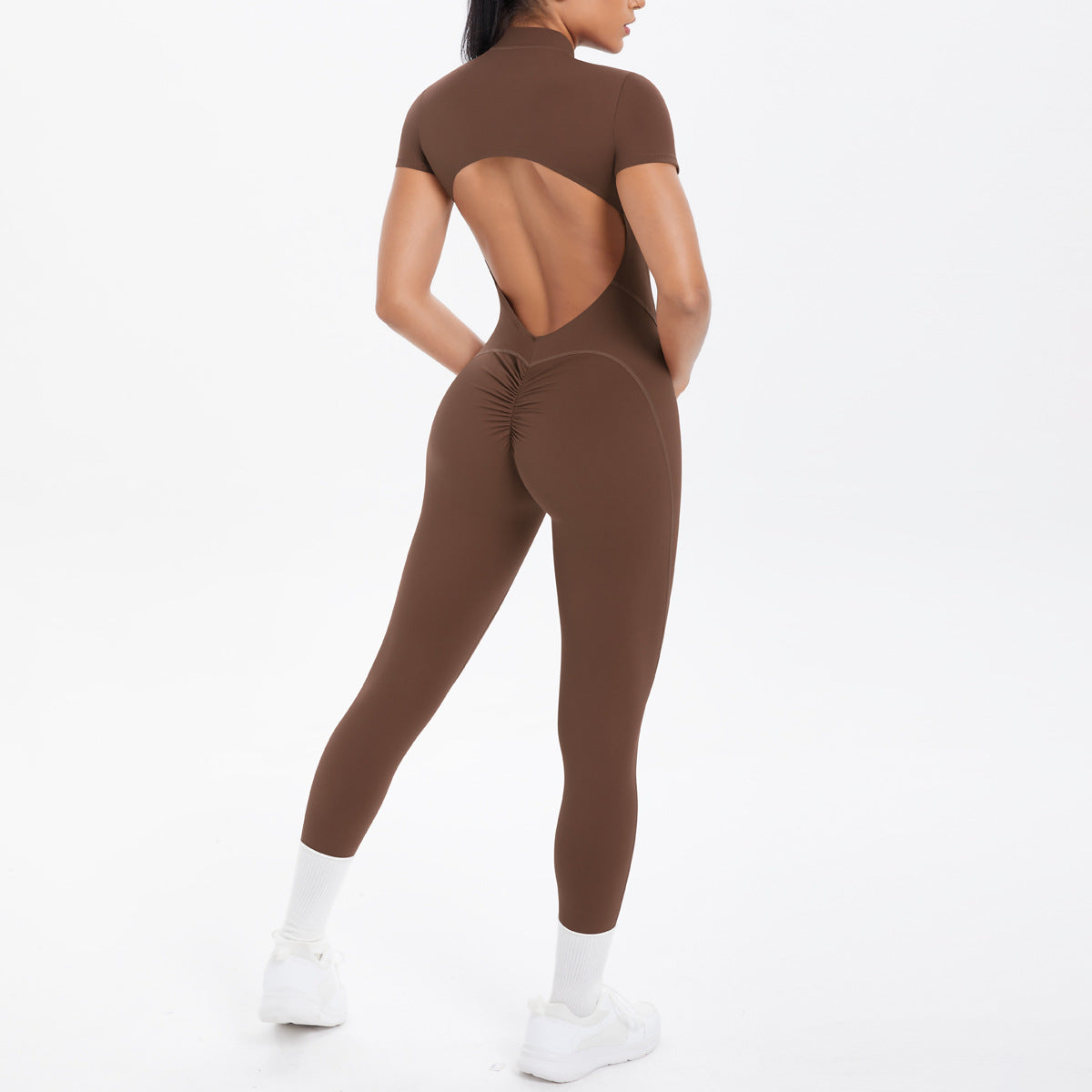 Sexy Backless Bodycon Scrunch Jumpsuit Raises Butt Women Dance Fitness Overalls Push Up  With Chest Cushion Yoga Sport Jump Suit