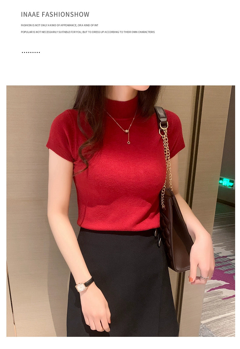 Half Turtleneck Summer Knitting Solid Color Suit Spring and Autumn Short Sleeve