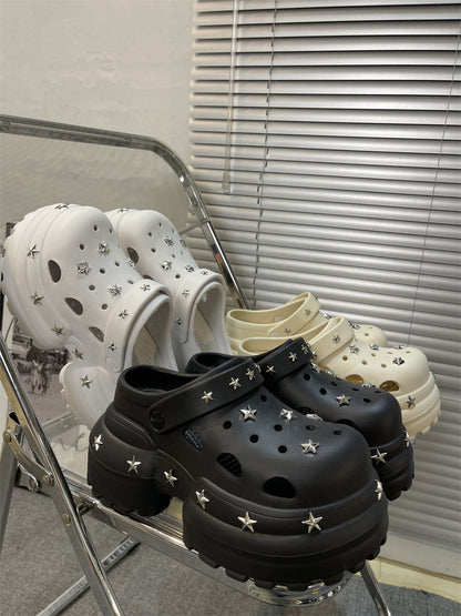 Women Summer Sandals High 10cm Heels Chunky Clogs with Star Charms Garden Shoes Waterproof Beach Pool Sandals Mules Slippers