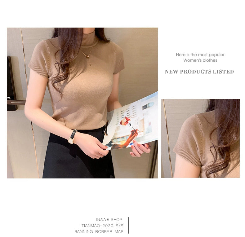 Half Turtleneck Summer Knitting Solid Color Suit Spring and Autumn Short Sleeve