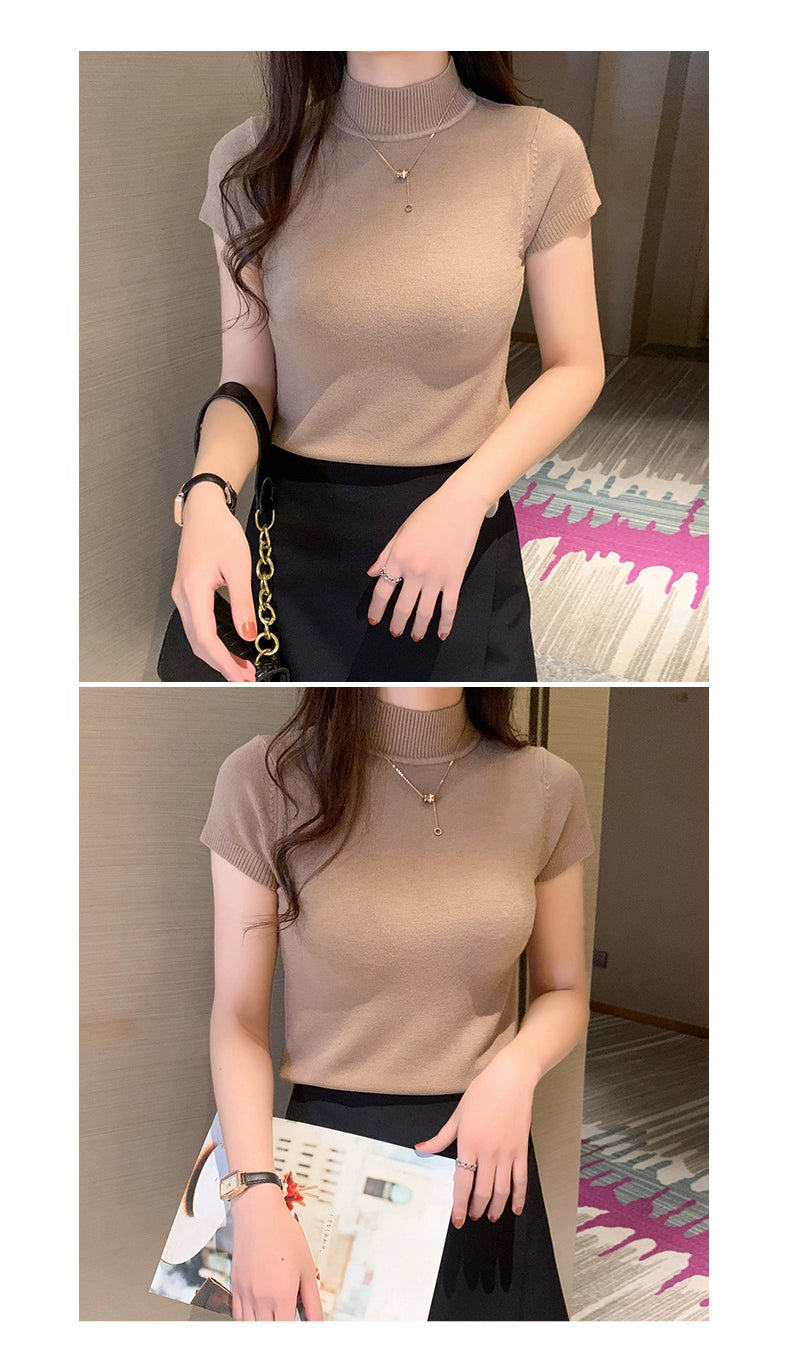 Half Turtleneck Summer Knitting Solid Color Suit Spring and Autumn Short Sleeve
