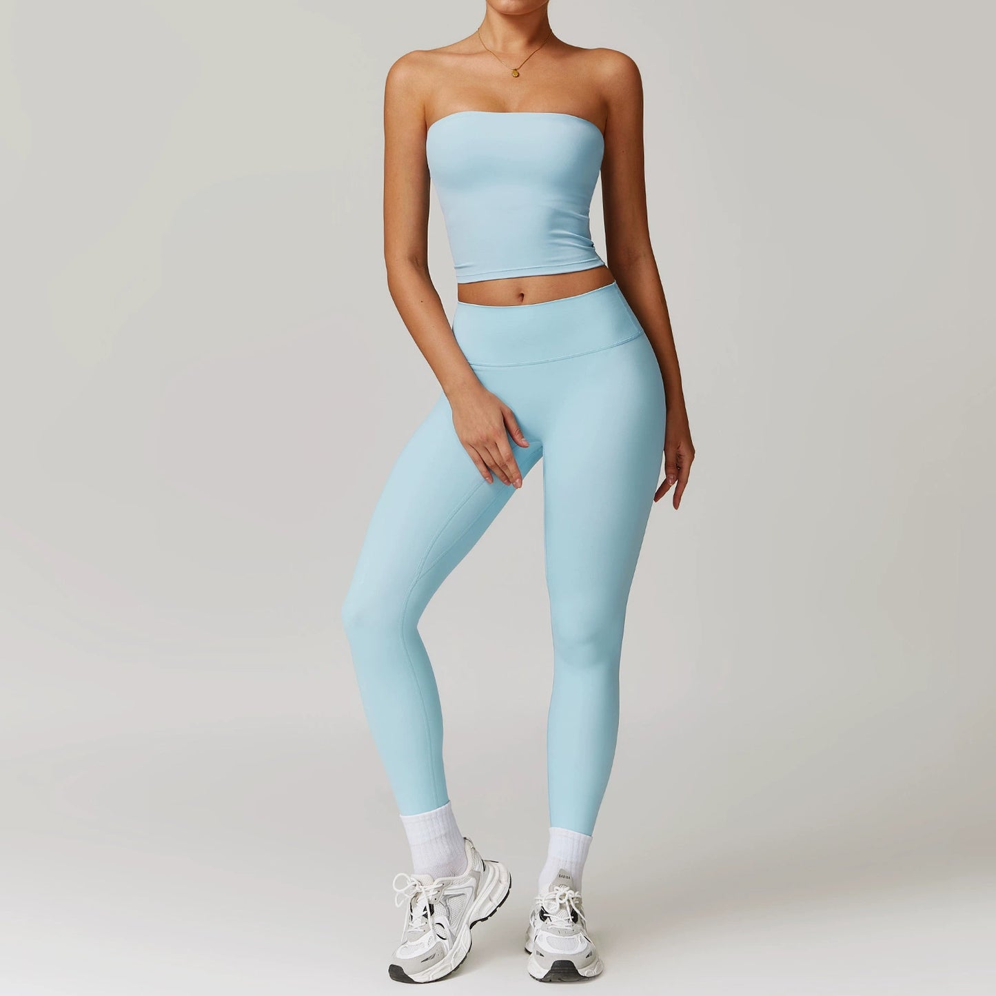 Fall and Winter Brushed Back Yoga Clothes Suit High Waist Stretch Tight Exercise Workout Pants Women's Long-Sleeved T-shirt Strapless Bra Pad