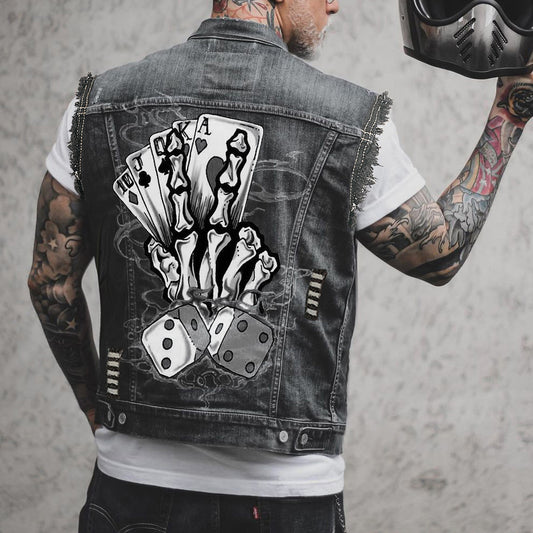 Poker Printed Denim Vest Ripped Sleeveless Top