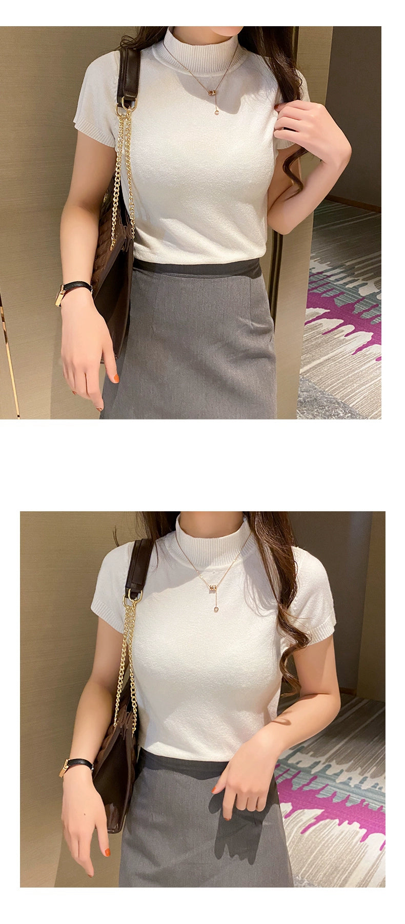 Half Turtleneck Summer Knitting Solid Color Suit Spring and Autumn Short Sleeve