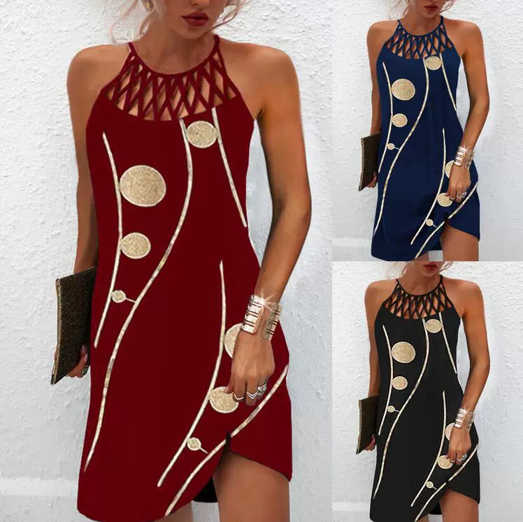 2024 Summer National Wind Positioning Printing Mesh Belt Sleeveless Casual Dress