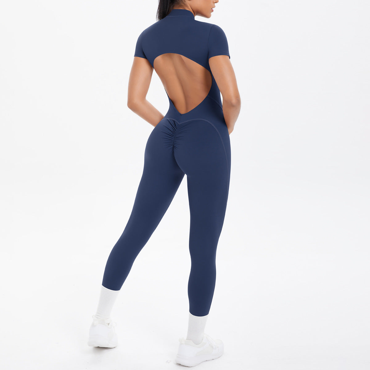 Sexy Backless Bodycon Scrunch Jumpsuit Raises Butt Women Dance Fitness Overalls Push Up  With Chest Cushion Yoga Sport Jump Suit