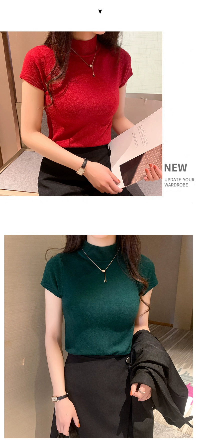 Half Turtleneck Summer Knitting Solid Color Suit Spring and Autumn Short Sleeve