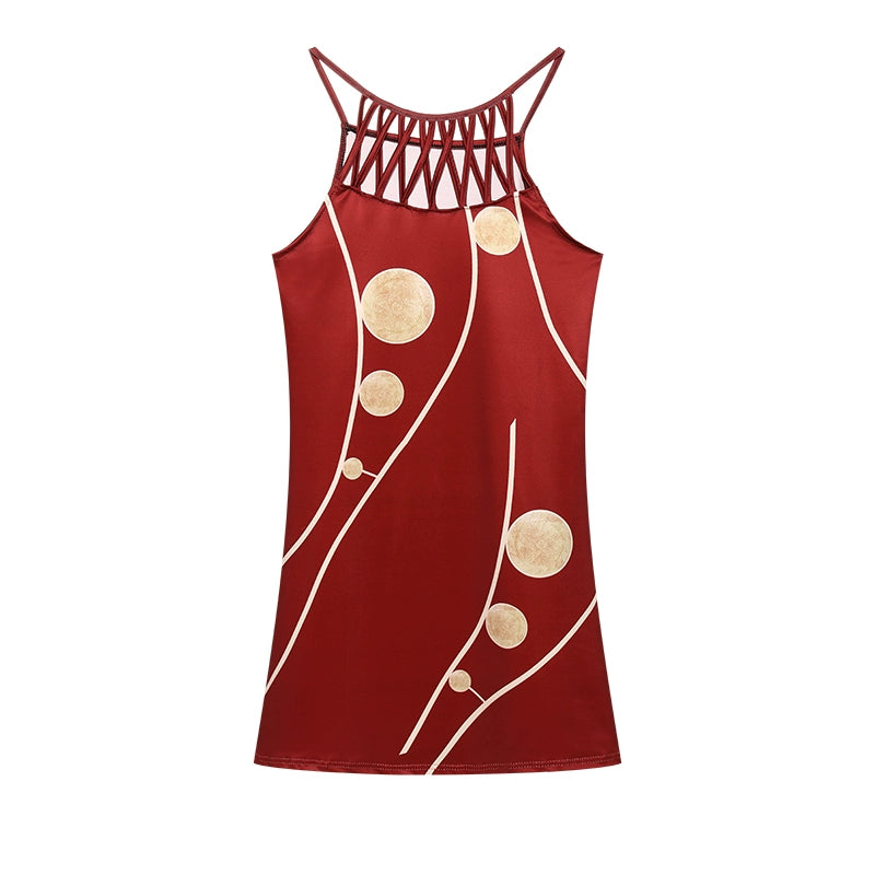 2024 Summer National Wind Positioning Printing Mesh Belt Sleeveless Casual Dress