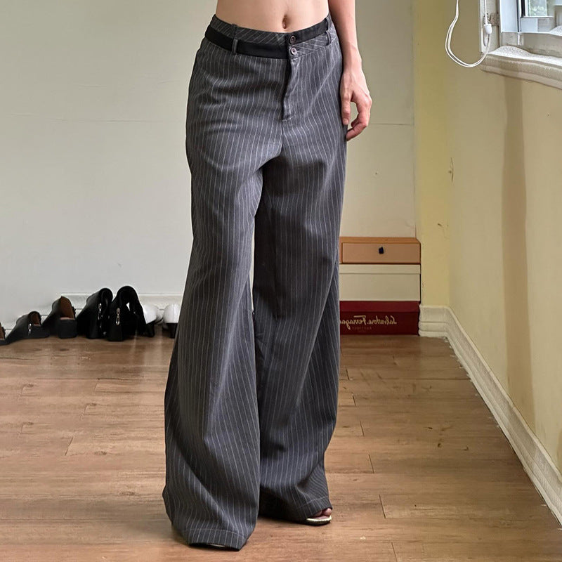 Contrast Color Waist Loose Pinstripe Straight-leg Pants