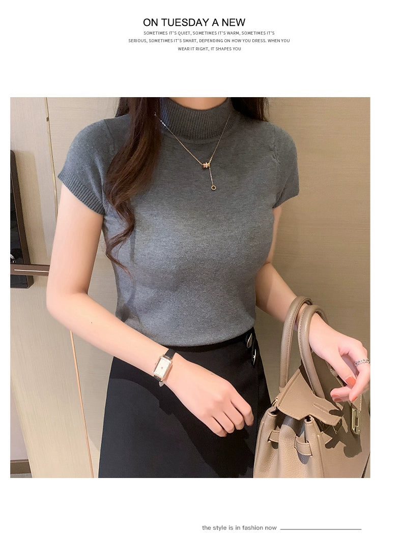 Half Turtleneck Summer Knitting Solid Color Suit Spring and Autumn Short Sleeve