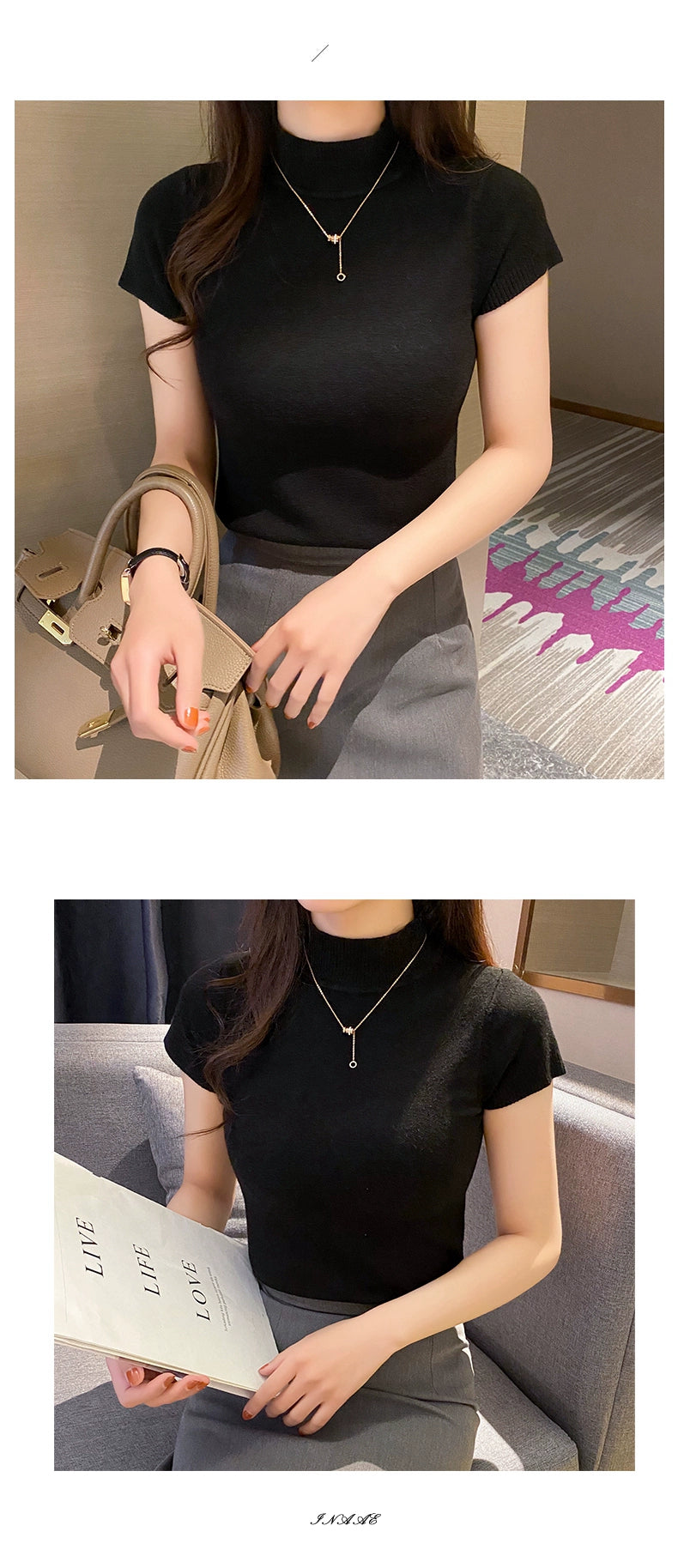 Half Turtleneck Summer Knitting Solid Color Suit Spring and Autumn Short Sleeve