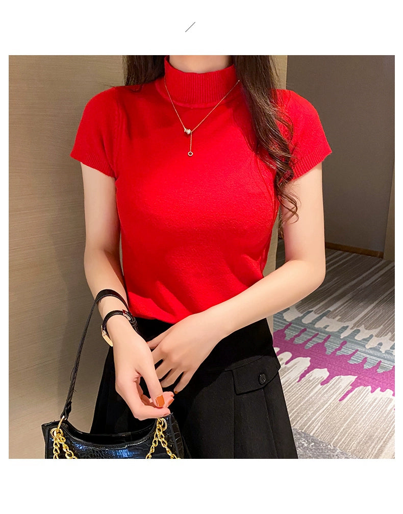 Half Turtleneck Summer Knitting Solid Color Suit Spring and Autumn Short Sleeve