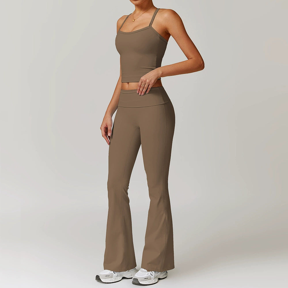 Fall and Winter Brushed Back Yoga Clothes Suit High Waist Stretch Tight Exercise Workout Pants Women's Long-Sleeved T-shirt Strapless Bra Pad