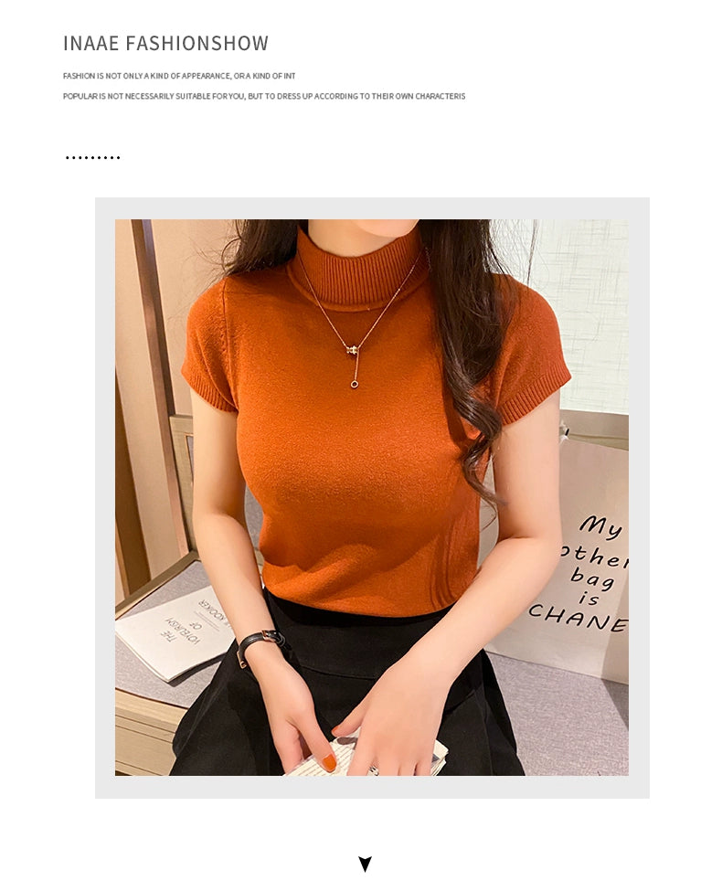 Half Turtleneck Summer Knitting Solid Color Suit Spring and Autumn Short Sleeve