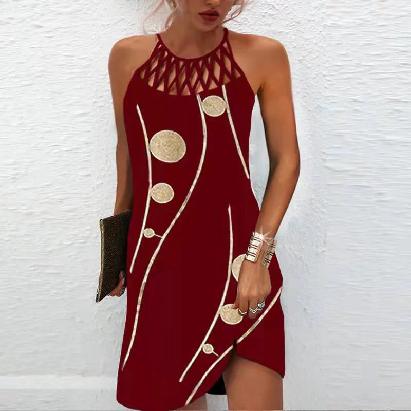 2024 Summer National Wind Positioning Printing Mesh Belt Sleeveless Casual Dress