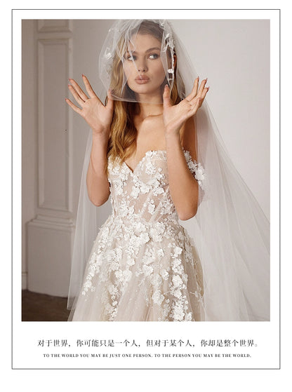 Fanna Fairy Clothing French Super Fairy off-Shoulder Lace Light Wedding Dress 2024 New Arrival Bridal Tail Slim Looking Wedding Veil