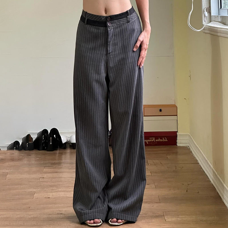Contrast Color Waist Loose Pinstripe Straight-leg Pants