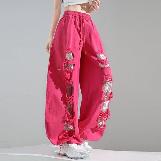 Ripped Lace Stitching Matchet Pants Fashion Wide-leg Casual Pants
