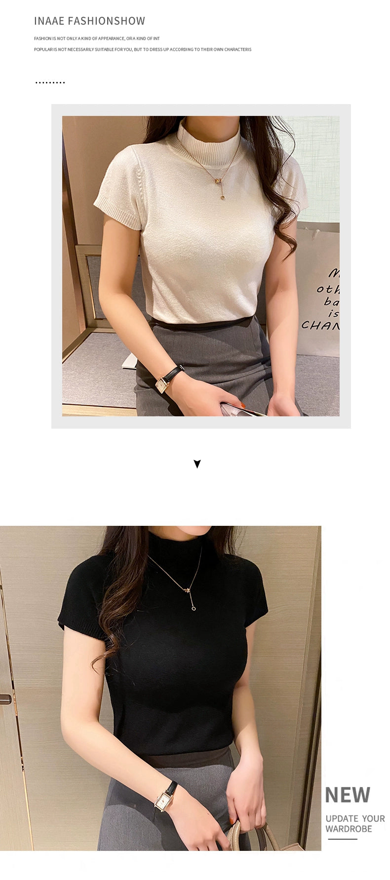 Half Turtleneck Summer Knitting Solid Color Suit Spring and Autumn Short Sleeve