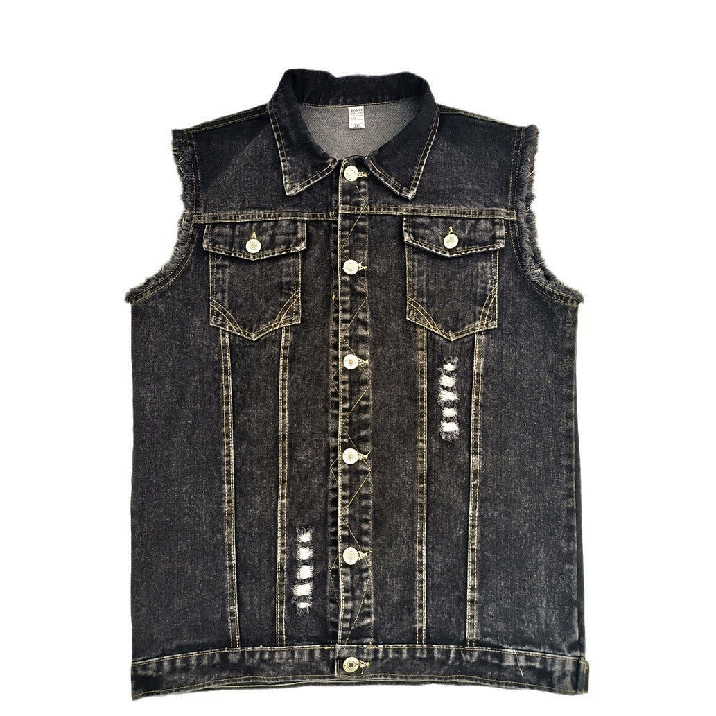 Poker Printed Denim Vest Ripped Sleeveless Top