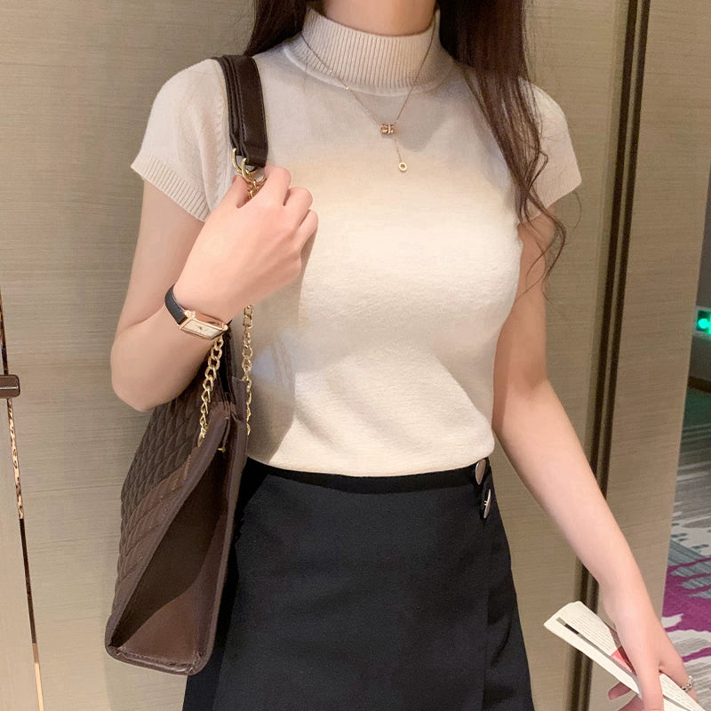 Half Turtleneck Summer Knitting Solid Color Suit Spring and Autumn Short Sleeve