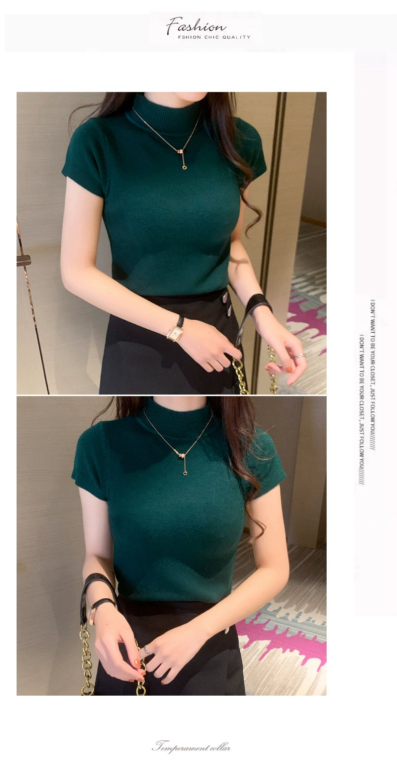 Half Turtleneck Summer Knitting Solid Color Suit Spring and Autumn Short Sleeve