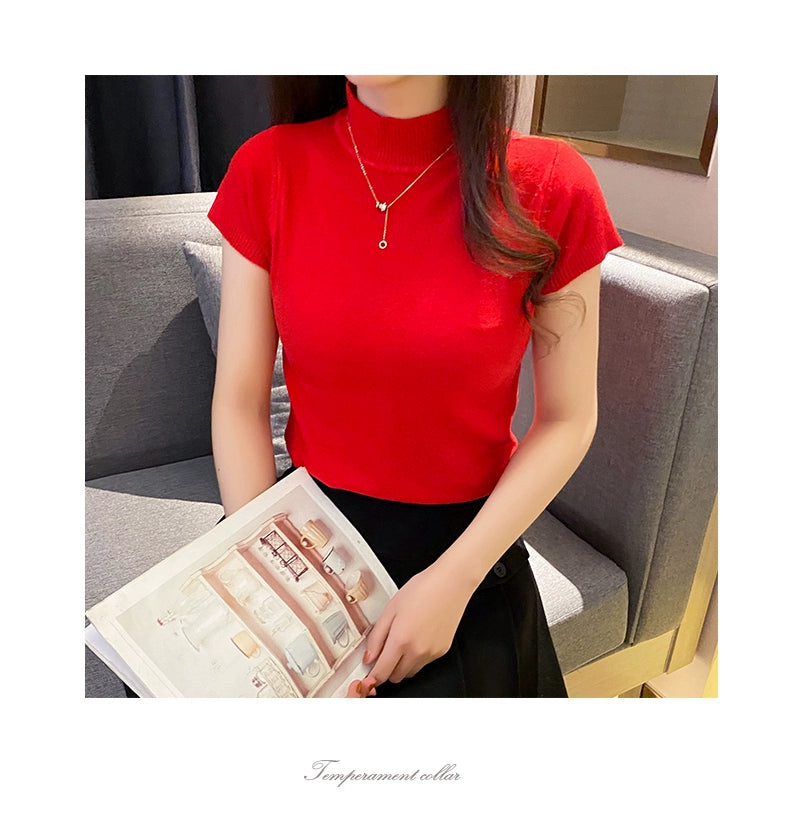 Half Turtleneck Summer Knitting Solid Color Suit Spring and Autumn Short Sleeve