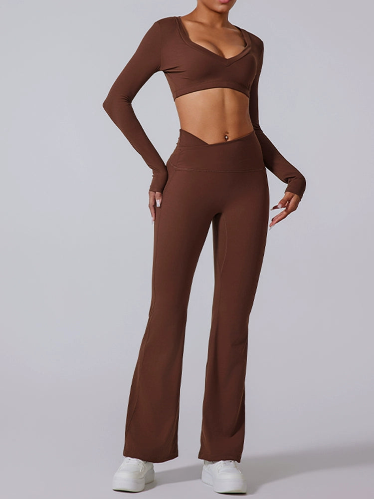 Beauty Back Workout Clothes Women's Long Sleeve Short Sexy V Neck 2026 New Arrival Fancy Yoga Clothing Top T-shirt with Chest Pad