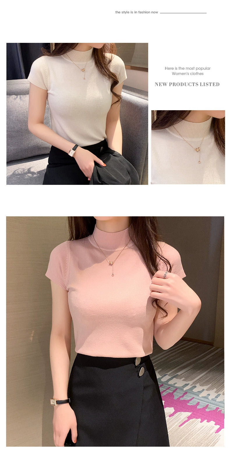 Half Turtleneck Summer Knitting Solid Color Suit Spring and Autumn Short Sleeve