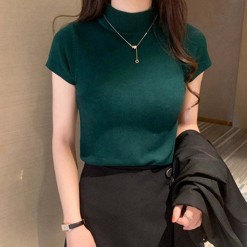 Half Turtleneck Summer Knitting Solid Color Suit Spring and Autumn Short Sleeve
