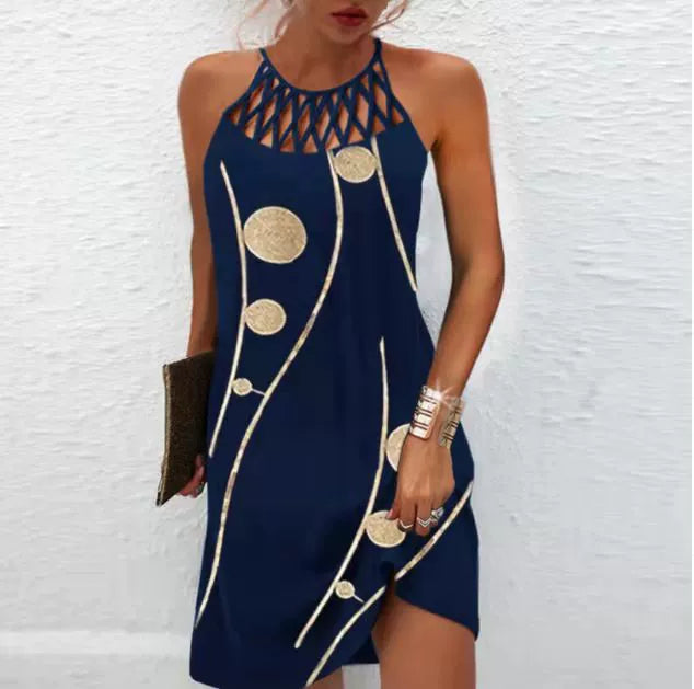 2024 Summer National Wind Positioning Printing Mesh Belt Sleeveless Casual Dress