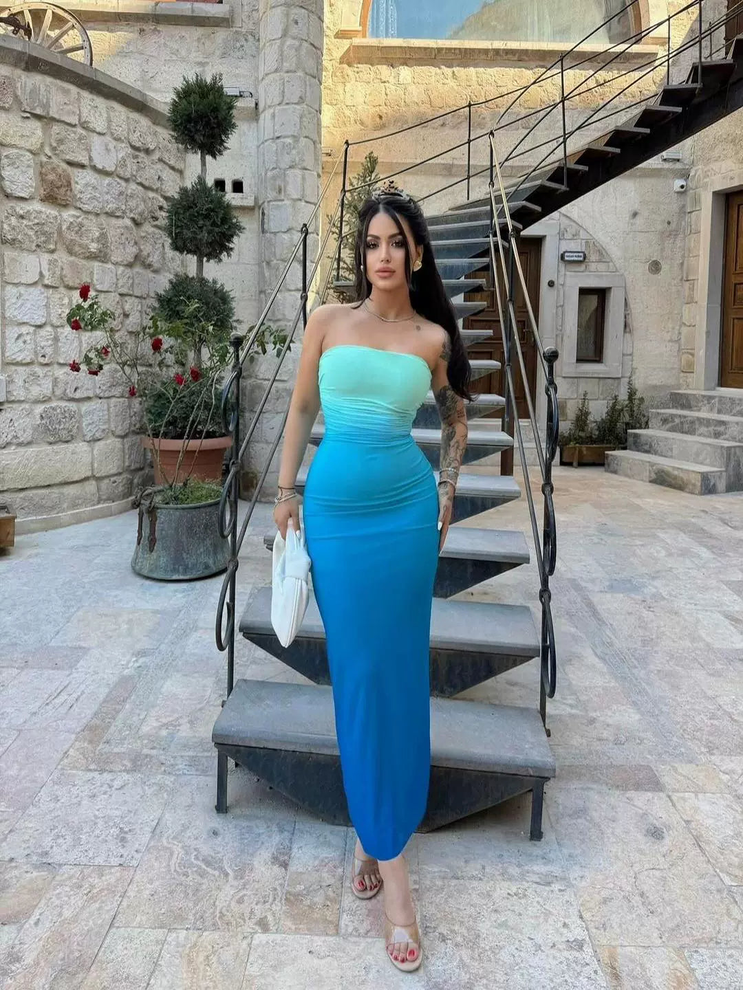 Western Style Ins New Fashion Tube Top Gradient Color Slim fit Long dress Sexy Backless Print Sheath Dress Women