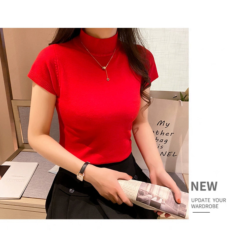 Half Turtleneck Summer Knitting Solid Color Suit Spring and Autumn Short Sleeve