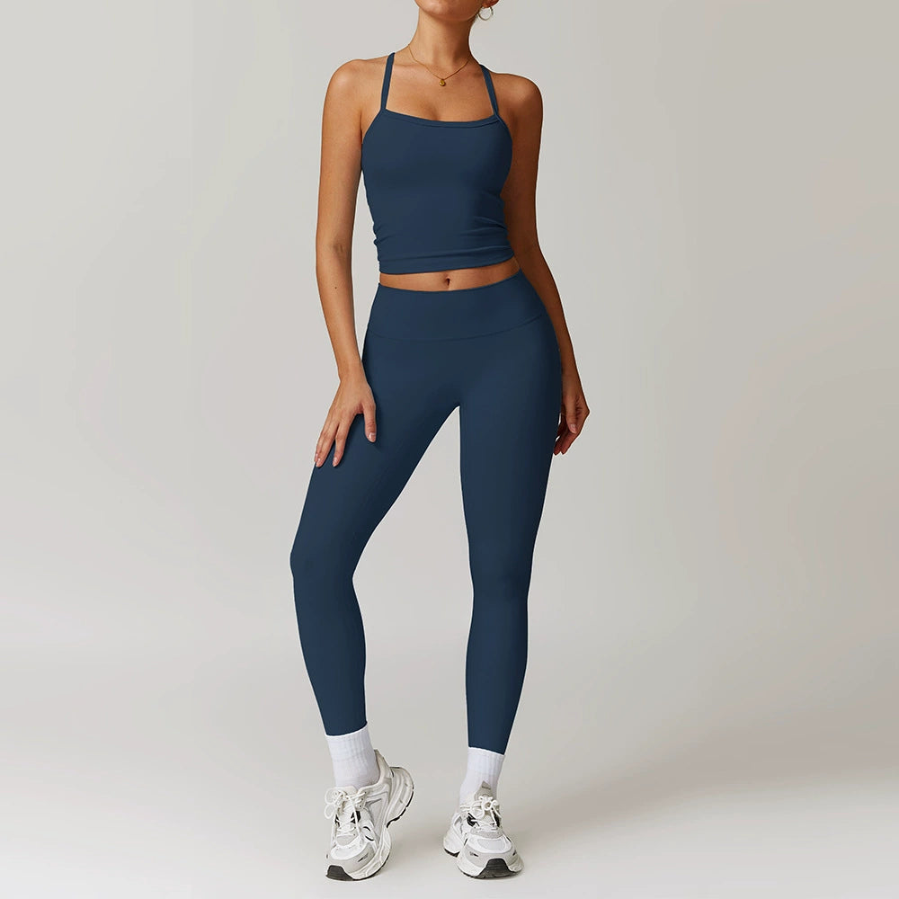 Fall and Winter Brushed Back Yoga Clothes Suit High Waist Stretch Tight Exercise Workout Pants Women's Long-Sleeved T-shirt Strapless Bra Pad