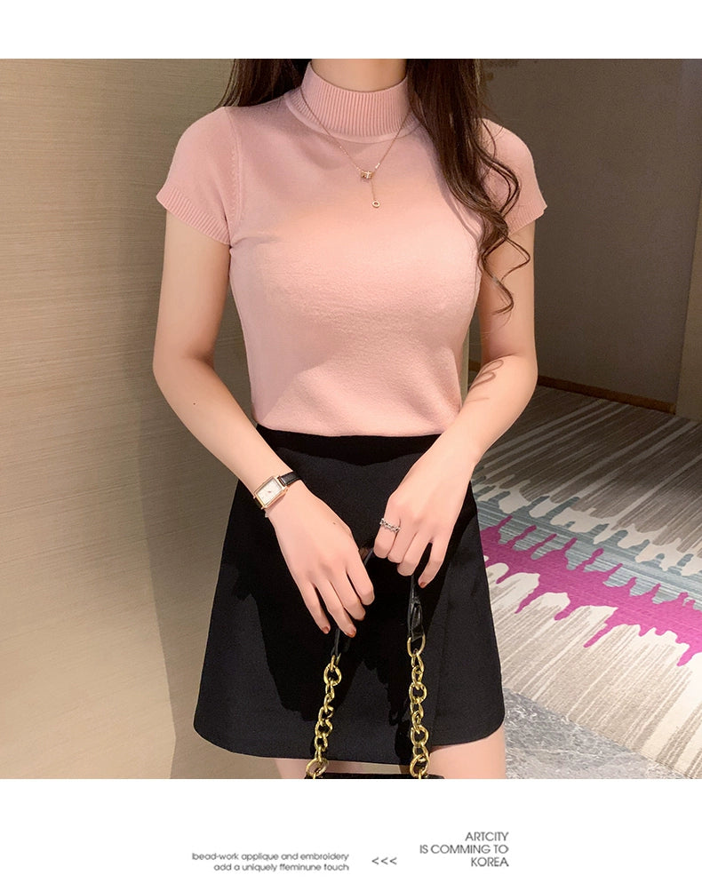 Half Turtleneck Summer Knitting Solid Color Suit Spring and Autumn Short Sleeve