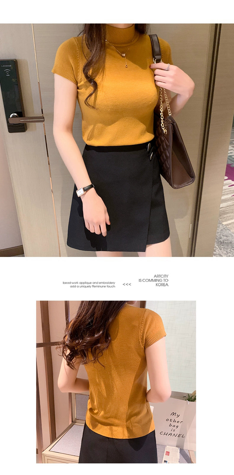 Half Turtleneck Summer Knitting Solid Color Suit Spring and Autumn Short Sleeve