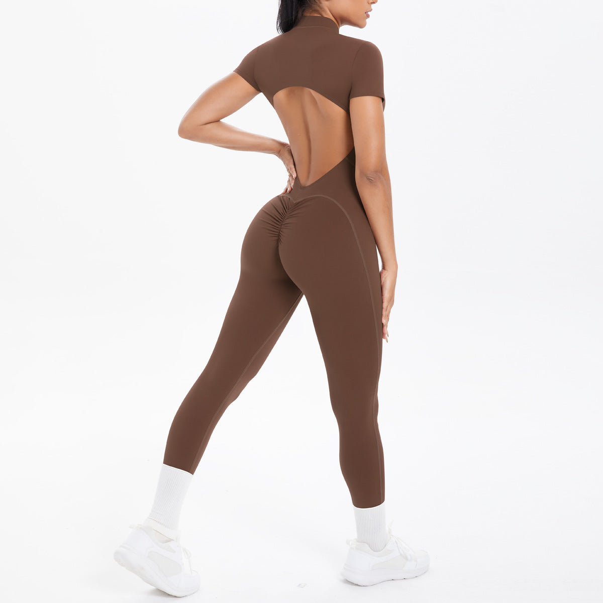 Sexy Backless Bodycon Scrunch Jumpsuit Raises Butt Women Dance Fitness Overalls Push Up  With Chest Cushion Yoga Sport Jump Suit