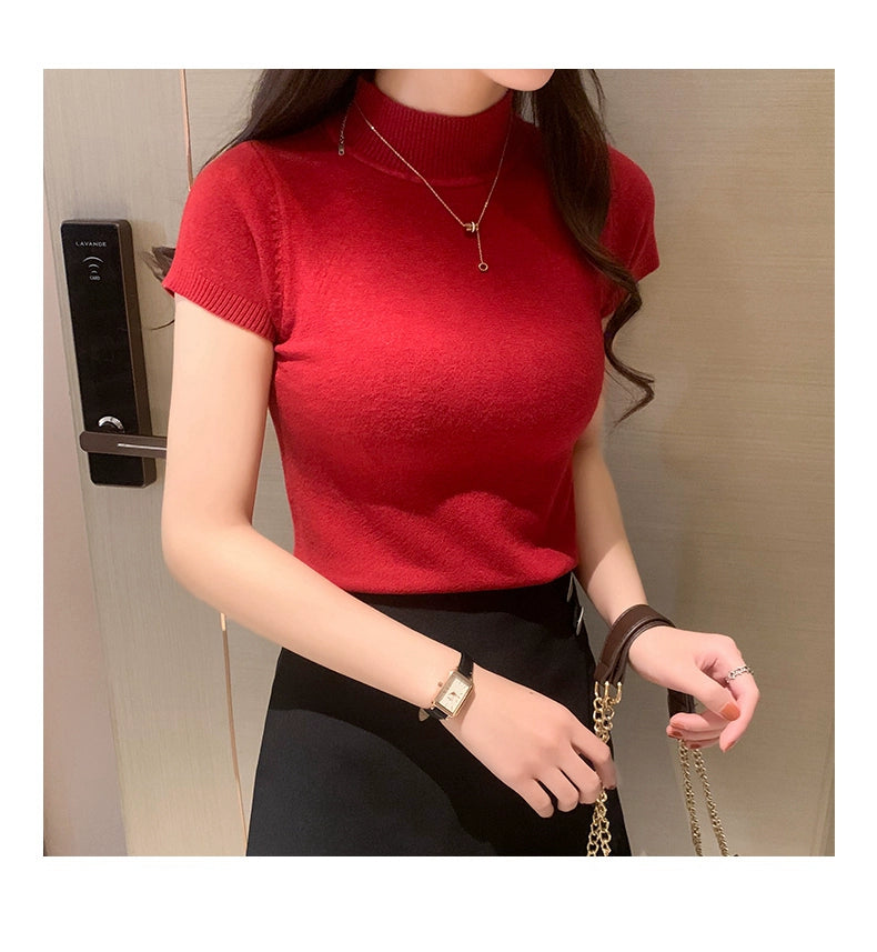 Half Turtleneck Summer Knitting Solid Color Suit Spring and Autumn Short Sleeve