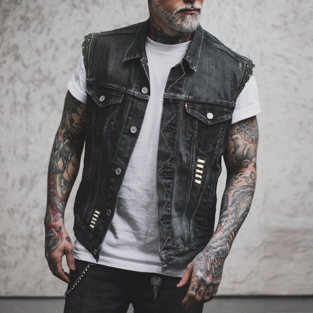 Poker Printed Denim Vest Ripped Sleeveless Top